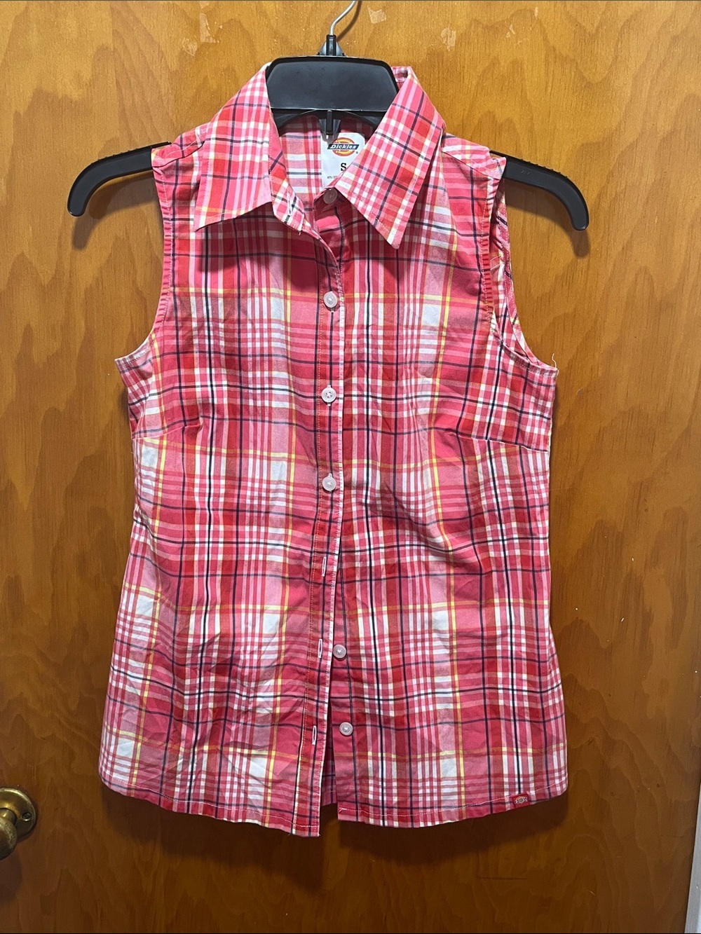 Dickies Pink Plaid Sleeveless Button Front Top
